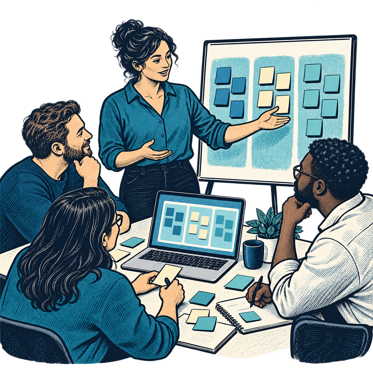 Scrum Master i zespół weryfikują propozycje AI podczas wspólnej pracy